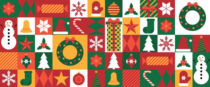 Modern mosaic pattern with Christmas icons. Abstract geometric background design for Merry Christmas and Happy New Year. Suitable for holiday design of card, poster, banner, wrapping paper. Vector