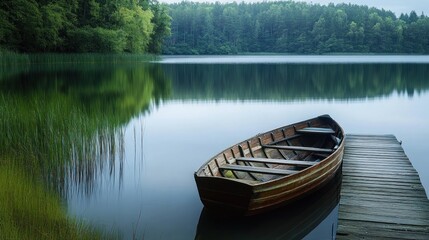 Obraz premium Serene Lake with Rowboat Docked at Wooden Pier