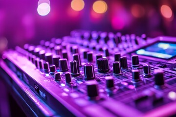 Fototapeta premium Close Up of a DJ Mixing Console with Neon Lights Capturing the High Tech Precision Rhythm and Vibrant Energy of Modern Music Production in a Club Setting