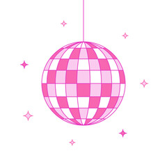 Pink disco ball with stars on a white background, cartoon illustration, flat style