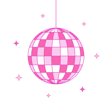 Pink disco ball with stars on a white background, cartoon illustration, flat style