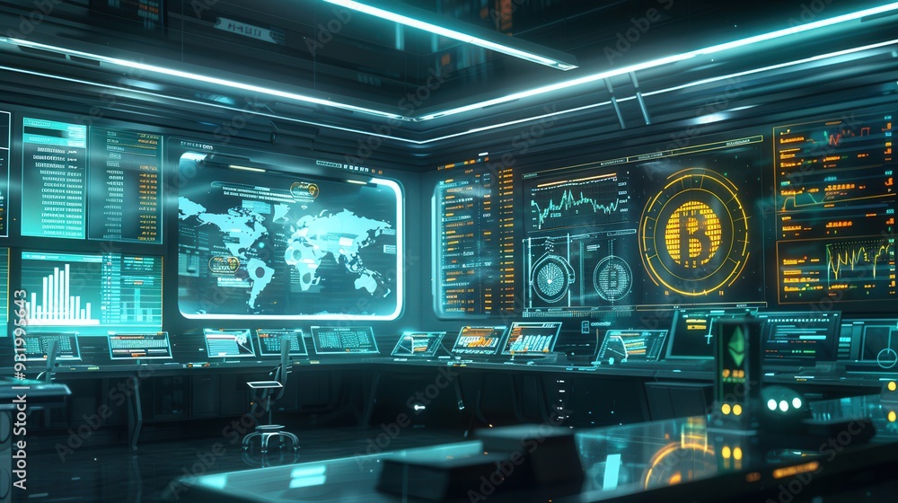 Poster a comprehensive display of cryptocurrency market values and analytics in a high-tech trading room fi