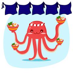 Japan cartoon so cute octopus ramen.vector and illustration.