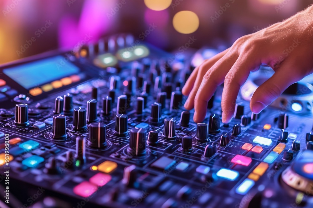 Poster dj hands fine tuning the mixing console capturing the precision skill and creative rhythm of modern 
