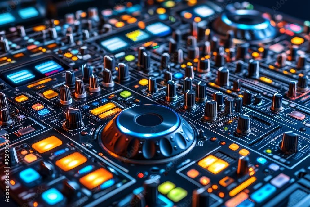 Aufkleber dj hands fine tuning the mixing console in a neon lit studio capturing the precision skill and creat