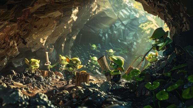Green goblins are actively digging in a lush cave, searching for hidden treasures among the stones