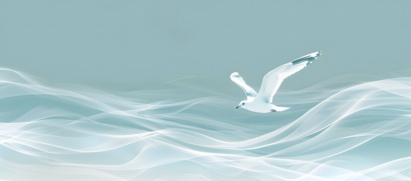 Solid Light Blue Background with Subtle Wave Pattern and Faint White Silhouette of a Seagull in Flight, Evoking a Tranquil Seaside Atmosphere with Soft and Calm Design Elements