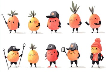 Naklejka premium Cute Fruit Characters with Different Personalities and Occupations