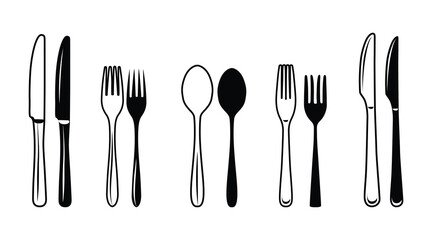 PrintCutlery Vector Illustration Best Collection With Black color White Background. New Knife Cutlery Vector Collection Set, Clip Art Outline And silhouette Set, Minimal Spoon Clip Art Isolated.
