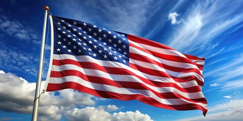 Obraz premium Close-up of American flag waving in the wind, patriotic, symbol, stars and stripes, United States, pride