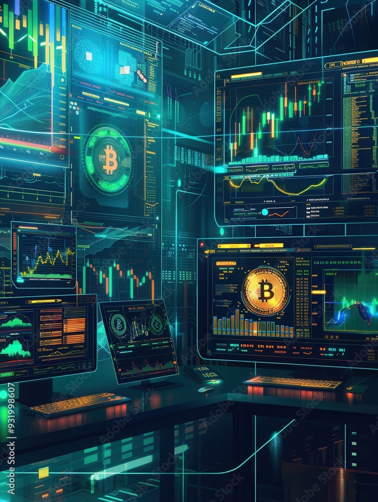 Poster a digital platform displays cryptocurrency market values, featuring multiple coins, charts, and data