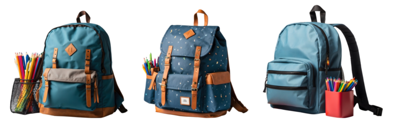 Set of Ready for School Backpack Isolated on a Transparent Background