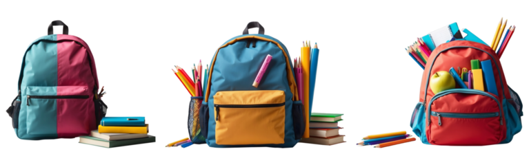Set of School Backpack and Supplies Isolated on a Transparent Background