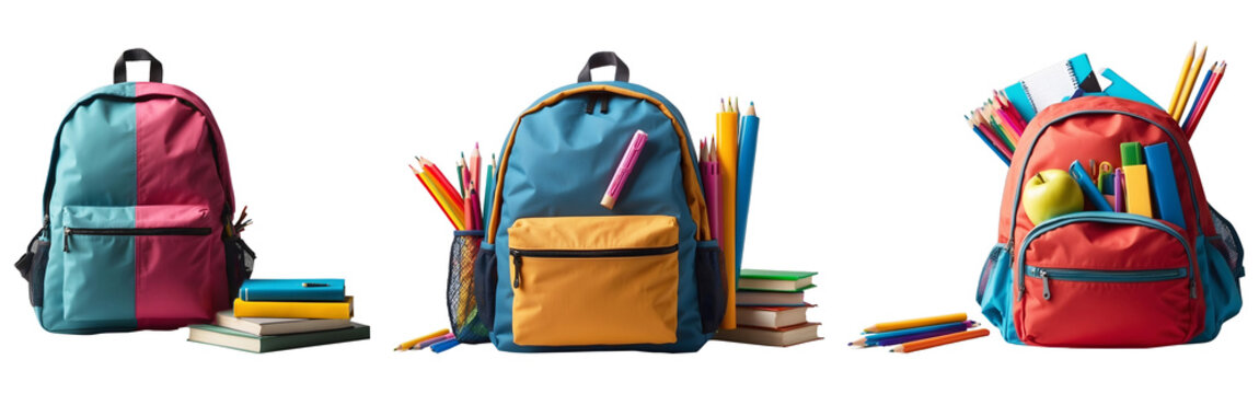 Set of School Backpack and Supplies Isolated on a Transparent Background