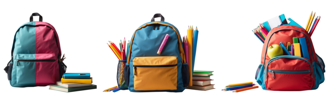 Set of School Backpack and Supplies Isolated on a Transparent Background