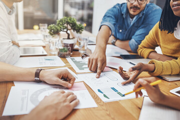 Business people, hands and meeting paperwork of copywriter team with SEO data for website update...