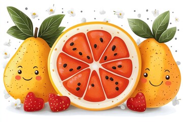 Cute Fruit Friends Grapefruit, Pears, and Strawberries