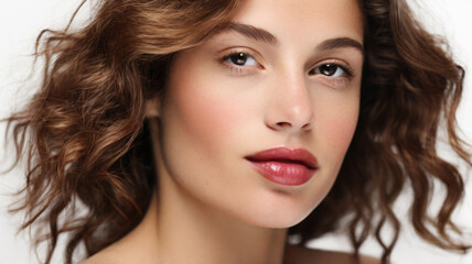 Fototapeta premium Close up studio portrait of natural beautiful woman with plum red lipstick