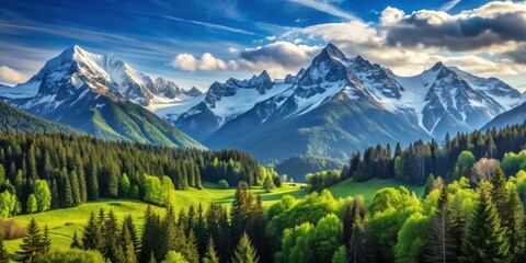 Beautiful mountain landscape with snow-capped peaks and lush green forests, mountains, landscape, snow, peaks, forests, trees