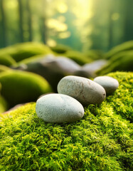 Landscape with rocks on vibrant green moss in tranquil lush forest. Outdoor nature beauty