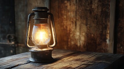 A Glowing Lantern on Rustic Wooden Table