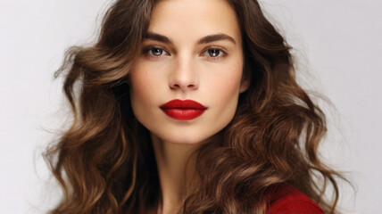 Close up studio portrait of natural beautiful woman with red lipstick