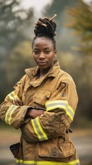 A young African American woman confidently poses outdoors in her firefighter uniform, showcasing her strength and resilience
