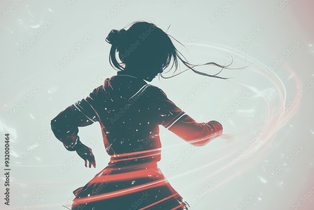Poster energetic female dancer in mid motion surrounded by dynamic light trails capturing the fluidity move