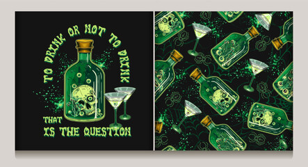 Pattern with bottle, label of green potion with human skull inside, martini glass with with poisonous cocktail. Distorted spiderweb with crawling spiders on background. Halloween creepy graphics