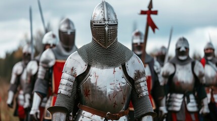 Fototapeta premium A line of armored knights, equipped with swords and shields, advance through a forest clearing, showcasing their ornate armor and banners on a cloudy day