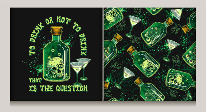 Pattern with bottle, label of green potion with human skull inside, martini glass with with poisonous cocktail. Distorted spiderweb with crawling spiders on background. Halloween creepy graphics