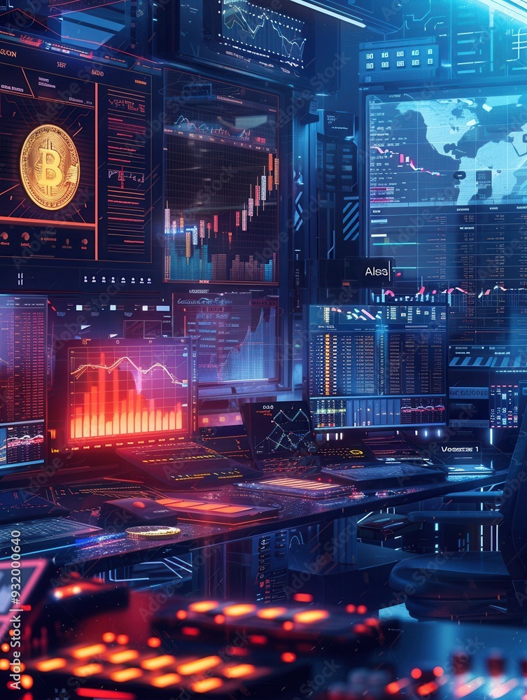 Poster a detailed interface shows various cryptocurrencies, their market values, and trading graphs during 