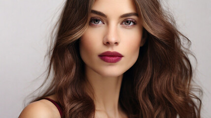 Fototapeta premium Close up studio portrait of natural beautiful woman with plum red lipstick