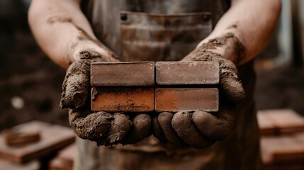A craftsman presents freshly molded clay bricks in both hands, showcasing the earthy texture and color, amid a rustic workshop filled with tools and materials