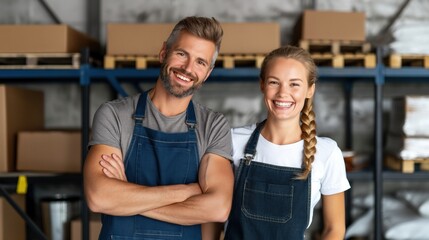 Young couple volunteering at a local food bank, sorting and packing food, expressions of compassion and teamwork, promoting hunger relief and community service, warehouse setting