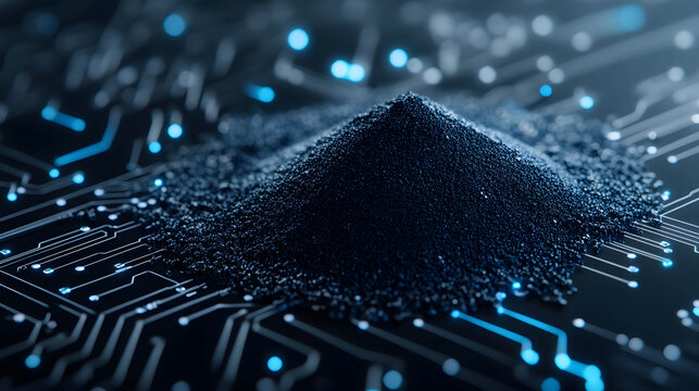 Rare earth powders and electronic circuit behind, rare earth minerals as components in the production of electronic products and modern technology.