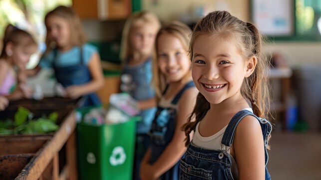 Children participating in a school recycling program, expressions of environmental responsibility and teamwork, promoting sustainability and eco-friendly practices, classroom setting