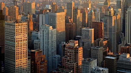 The sun sets behind a vibrant city skyline, casting warm hues on the towering buildings and highlighting the architectural variety of the urban landscape