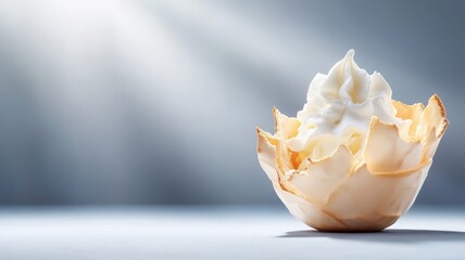 Cracked meringue nest revealing fruit and whipped cream.