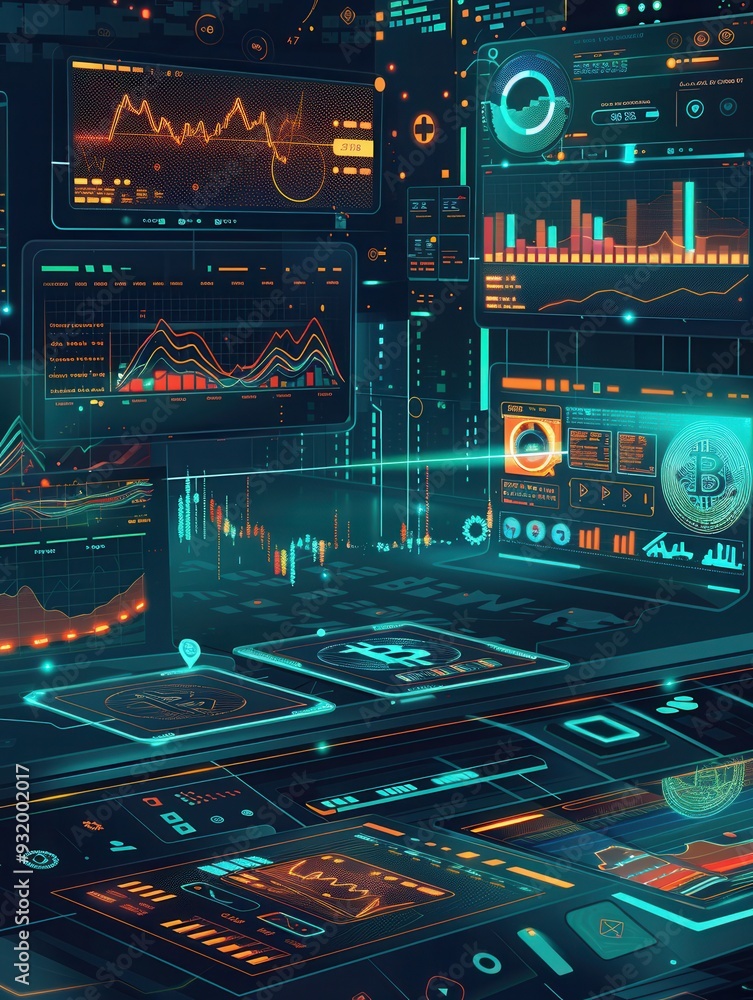 Poster a digital platform shows real-time market values, charts, and statistics for multiple cryptocurrenci