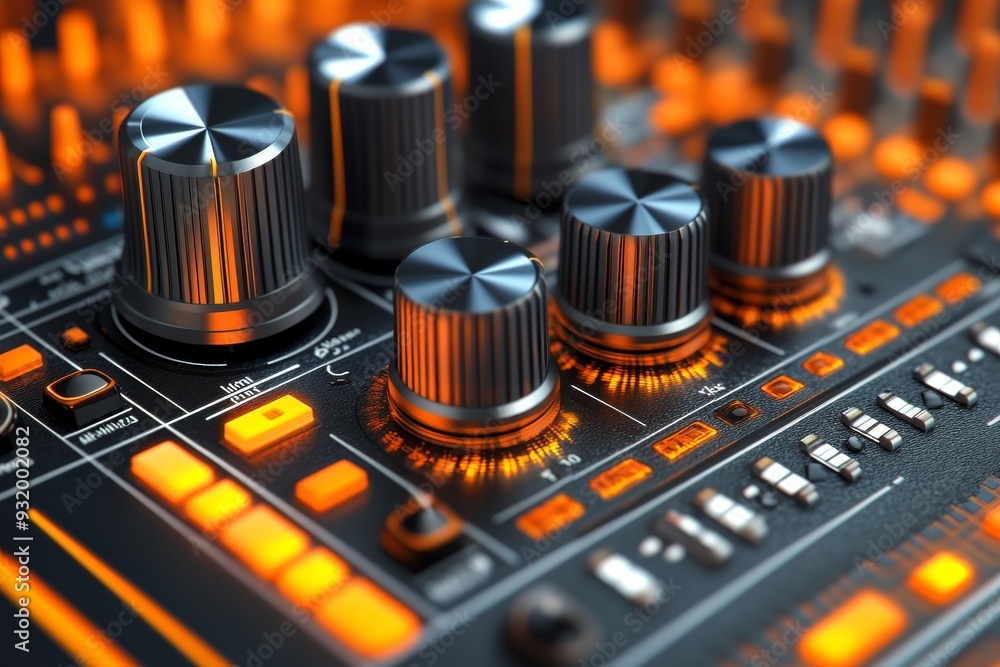 Poster close up of a high tech mixing console with orange and black details representing precision control 