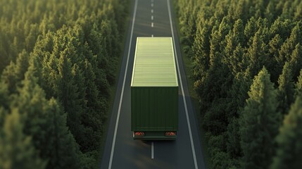 Sustainable logistics, green trucks on a scenic road, 3D illustration