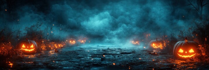 Halloween pumpkins lighting path in forest with smoke and fireflies