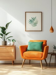 Stylish mid-century interior design in a retro living room 3d illustration