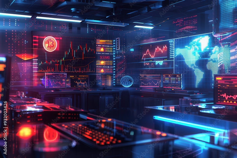 Poster the interface shows multiple cryptocurrency market data alongside graphs and charts in a futuristic 