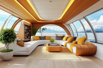 Luxurious yacht interior featuring polished wood finishes and panoramic windows in a stunning 3d illustration