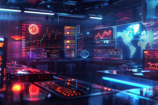 The interface shows multiple cryptocurrency market data alongside graphs and charts in a futuristic digital trading room. Generative AI