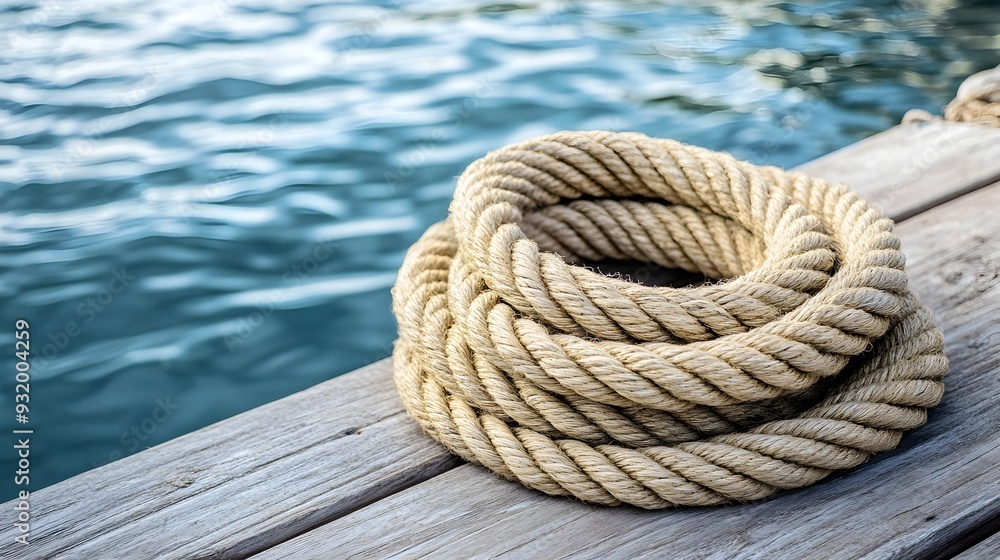 Poster coiled hemp rope beside calm water on weathered dock with ample copy space for text overlay natural 