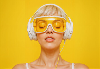 Portrait of a women wearing high-end yellow fashion sunglasses and futuristic headphones