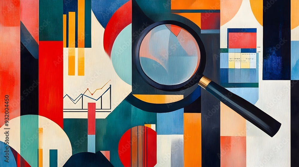 Aufkleber analytical magnifying glass abstract financial data visualization with dynamic geometric shapes